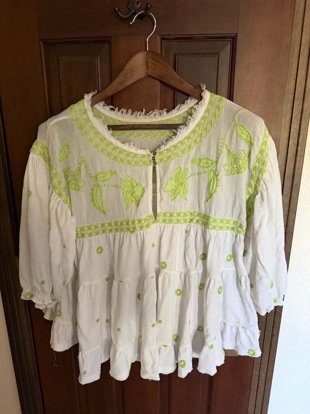 Free People Edie Embroidered Boho Tiered Top White Lime